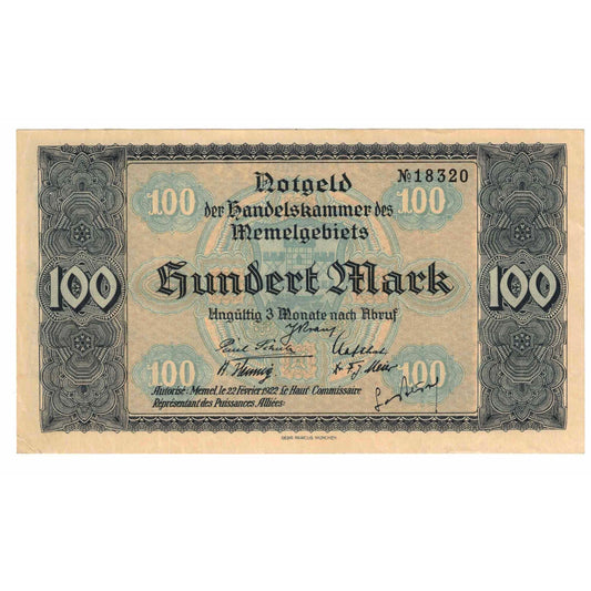 billete de banco, 
  
  Memel, 
  
  100 marcos