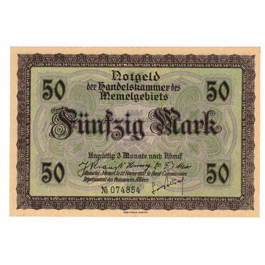 billete de banco, 
  
  Memel, 
  
  50 marcos
