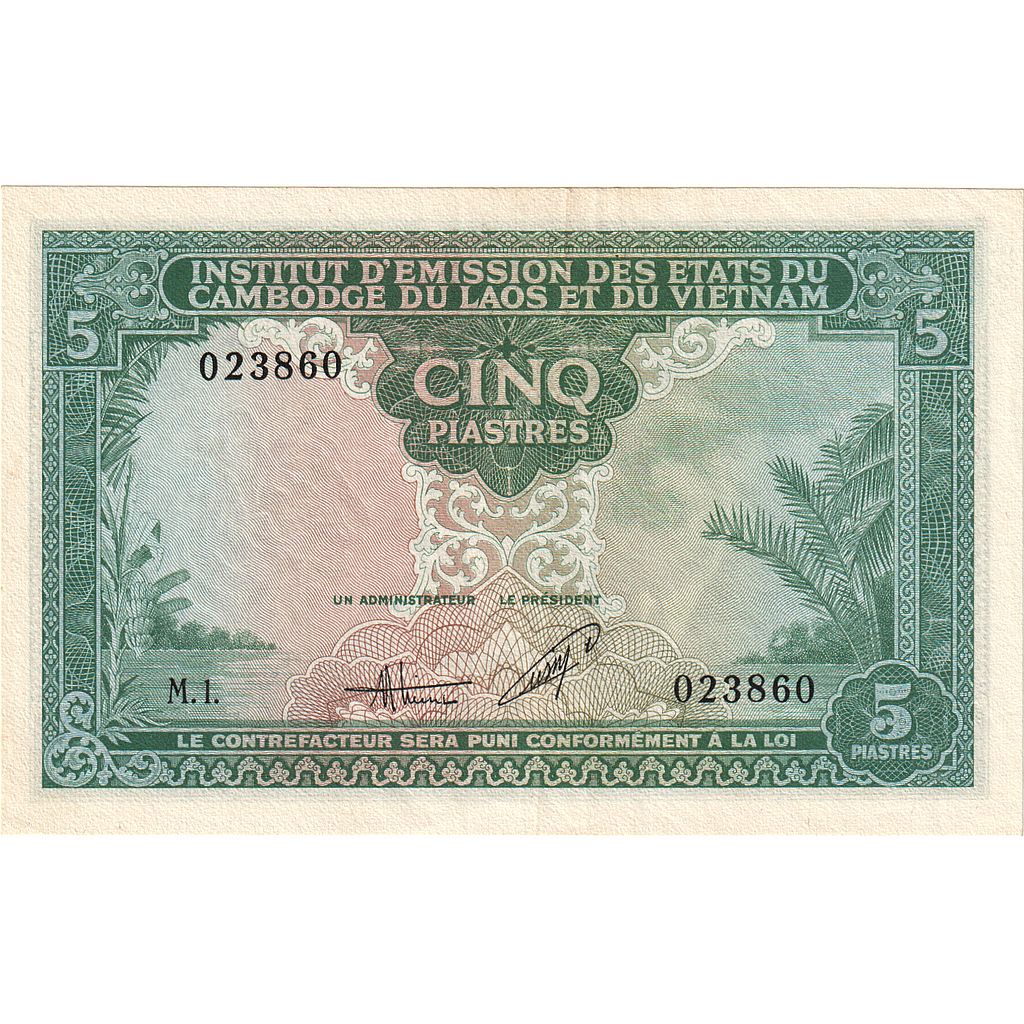 billete de banco, 
  
  INDOCHINA FRANCESA, 
  
  5 piastras = 5 dong