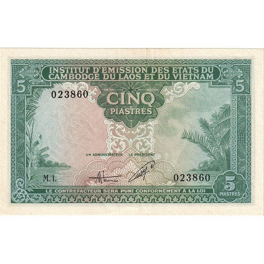 billete de banco, 
  
  INDOCHINA FRANCESA, 
  
  5 piastras = 5 dong