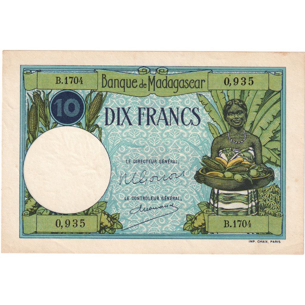 Madagascar, 

10 francos, 

Sin fecha (1937-1947)
