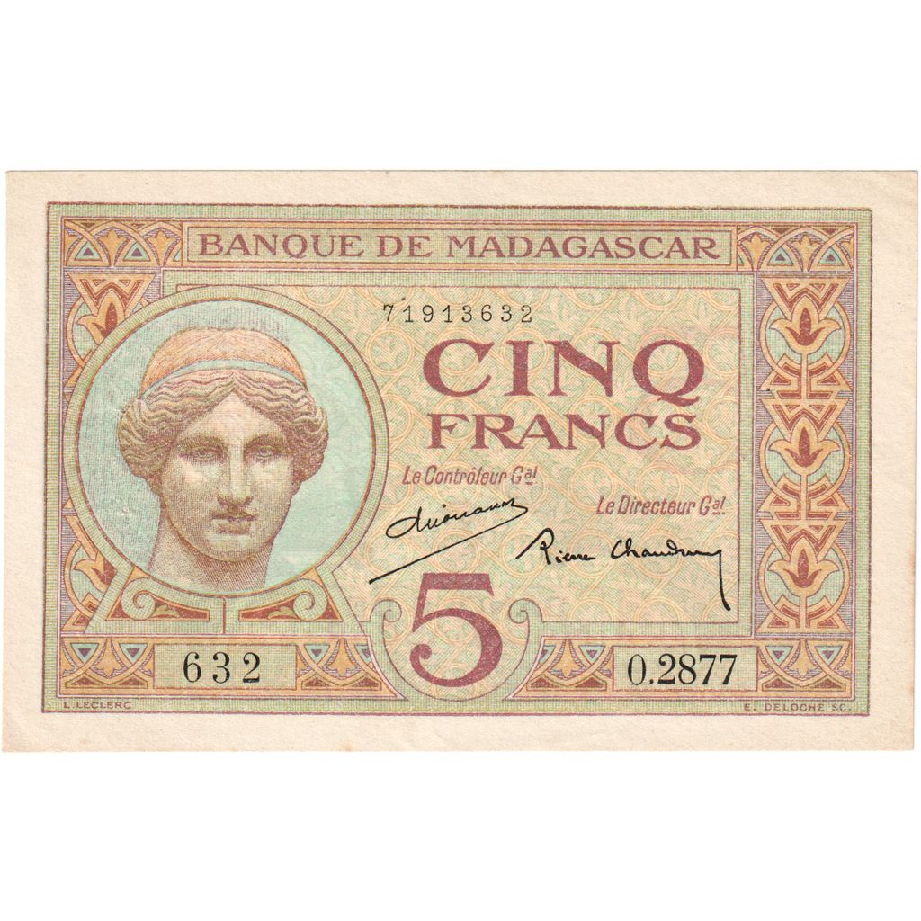 Madagascar, 

5 francos, 

Sin fecha (1937)