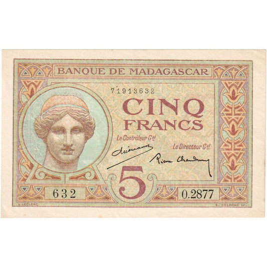 Madagascar, 

5 francos, 

Sin fecha (1937)