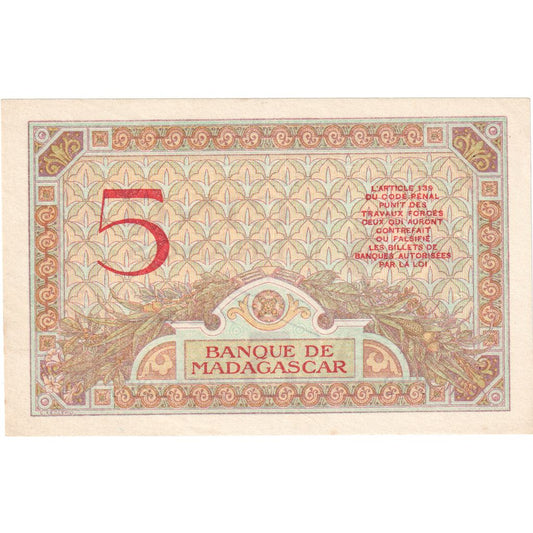 Madagascar, 

5 francos, 

Sin fecha (1937)