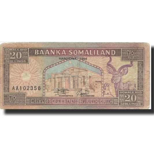 billete de banco, 
  
  somalilandia, 
  
  20 chelines = 20 chelines